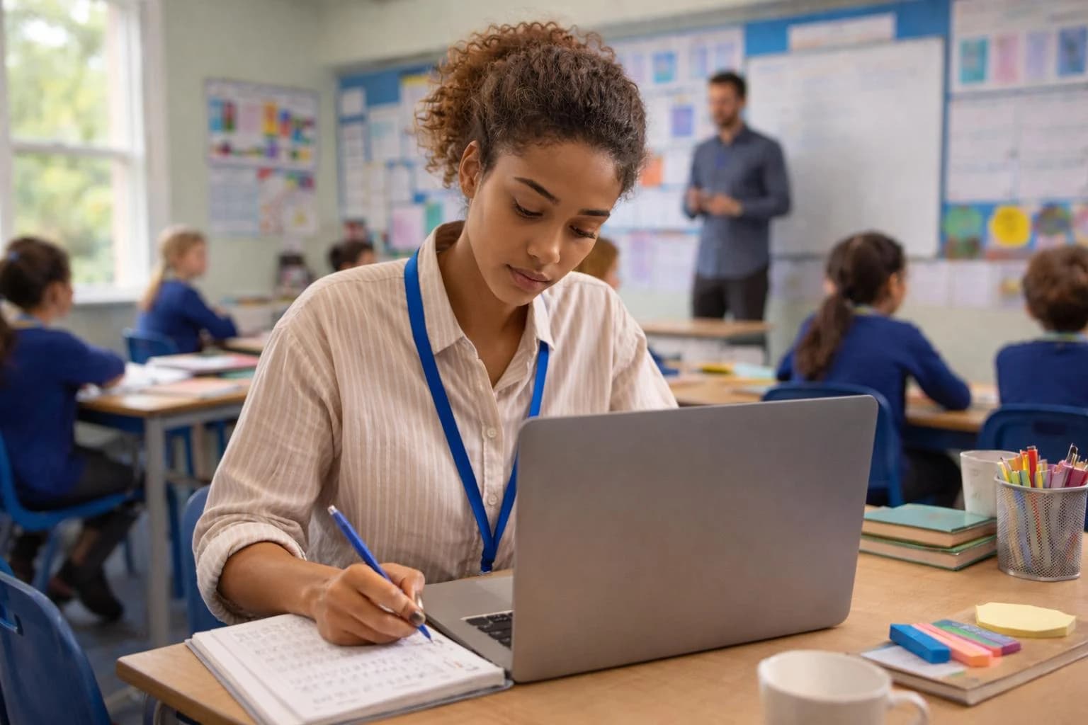 A teacher preparing lesson work with a laptop and notebook