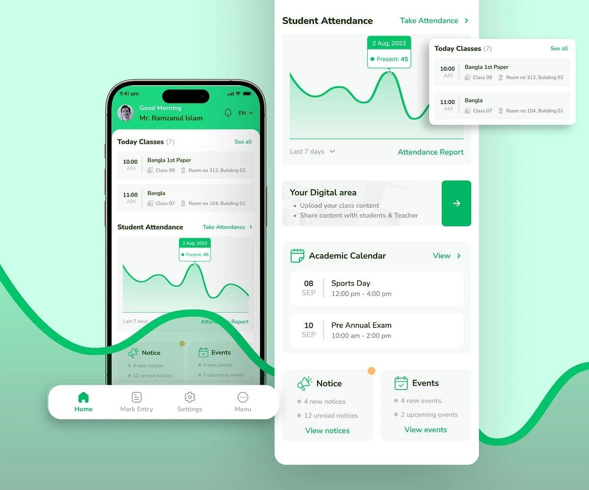 Supplied mobile app design concept showing classes, attendance and an academic calendar