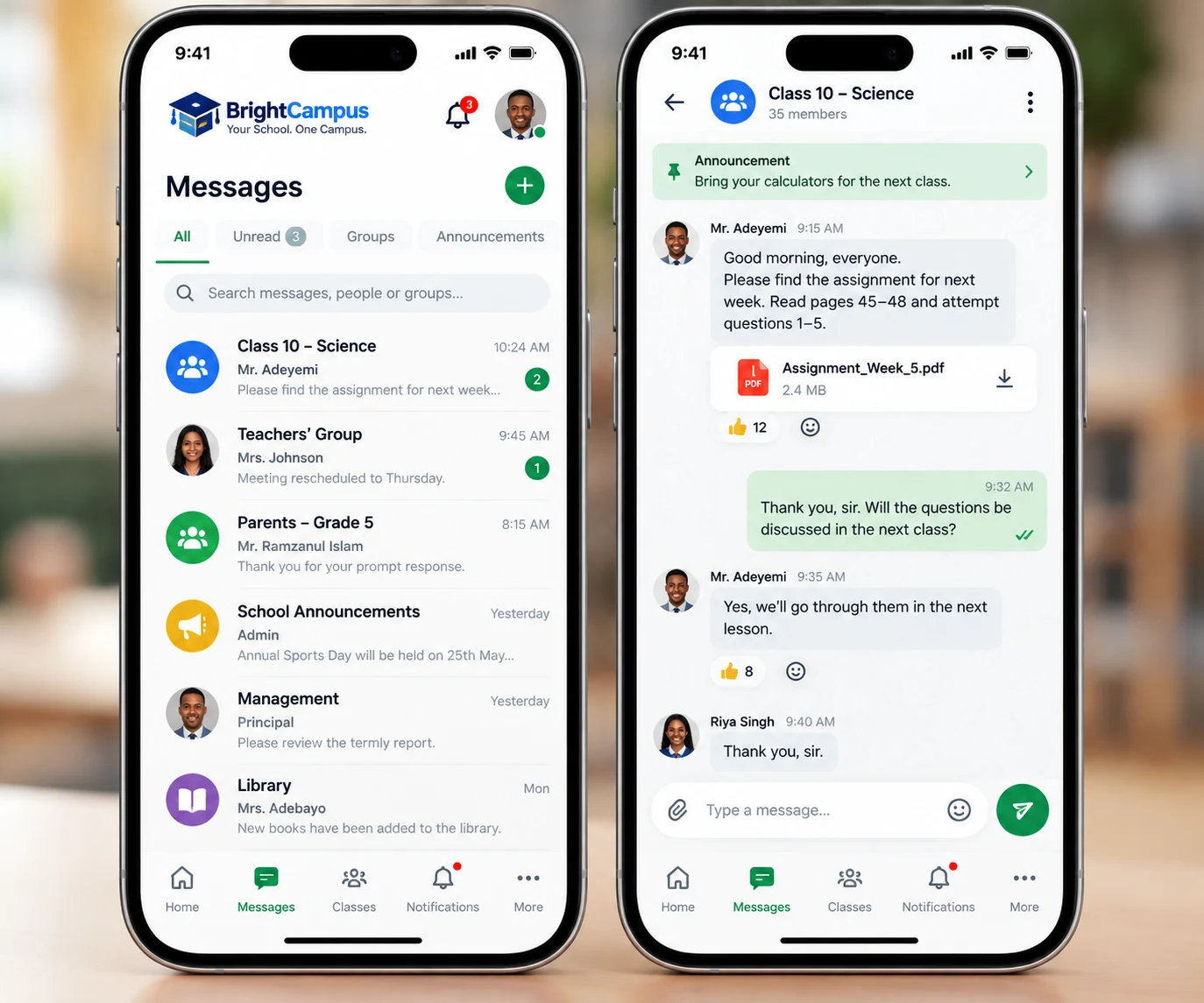 BrightCampus-branded mobile messaging concept showing a message list and conversation